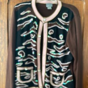 Berek Vintage Brown Black Pink Cardigan Sweater Rhinestone XL
